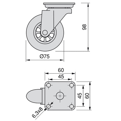 Emuca 4er Set Möbelrollen 50 mm- 75mm, Schwerlastrollen mit Bremse, Rollen für Möbel, Transportrollen, Lenkrollen - werkzeug-online24