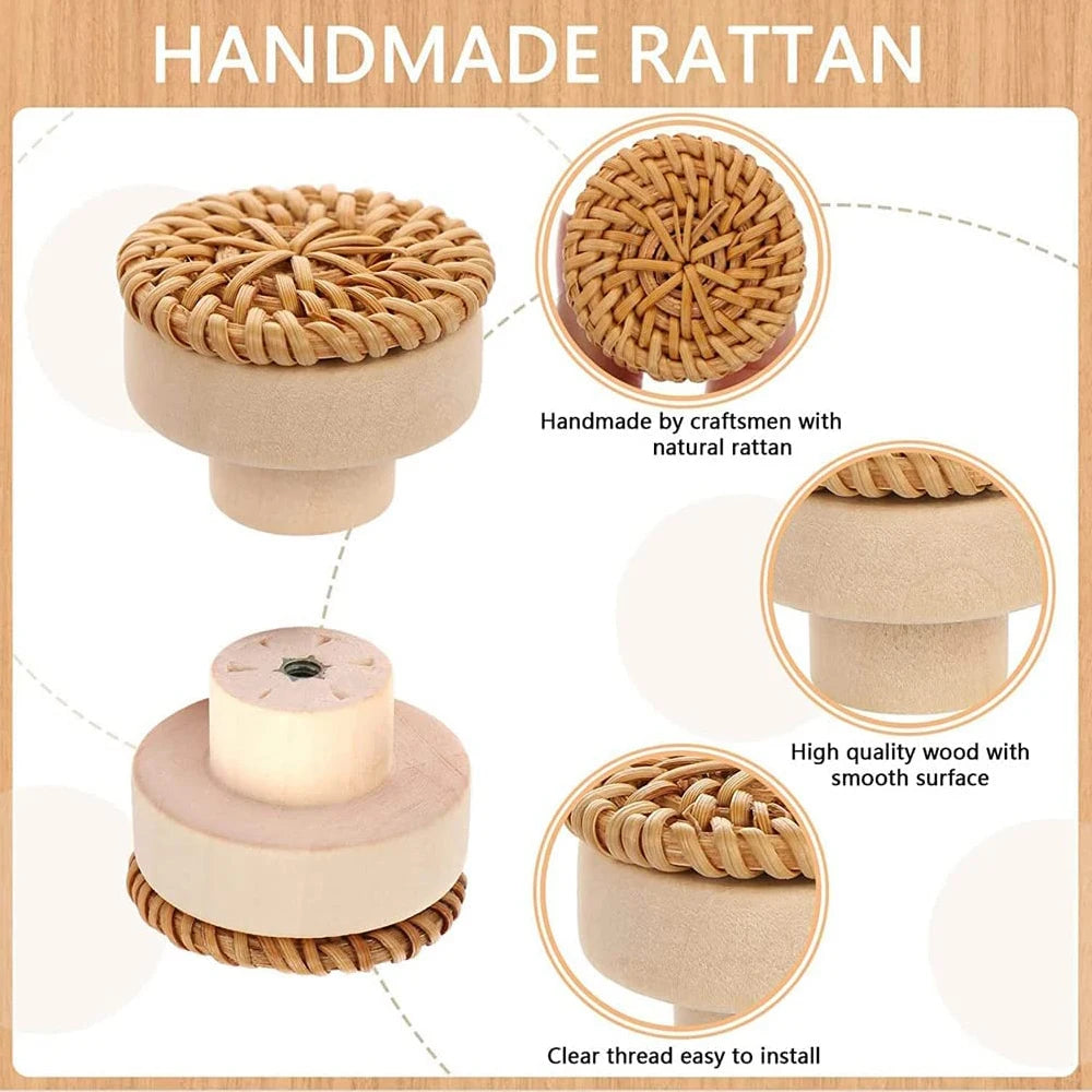 Set 10 Stück Rattan Möbelknöpfe, Holz Kommodenknöpfe, Natur, Weiß, Holz Schrankknöpfe Schubladenknöpfe - werkzeug-online24