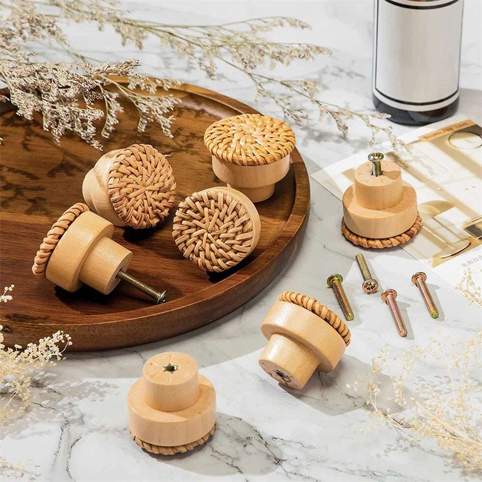 Set 10 Stück Rattan Möbelknöpfe, Holz Kommodenknöpfe, Natur, Weiß, Holz Schrankknöpfe Schubladenknöpfe - werkzeug-online24